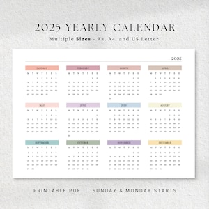 Printable Yearly 2025 Calendar Landscape, 2025 Year At a Glance Calendar, A4, A3 & Letter, Colorful Yearly Calendar,  Yearly Wall Calendar