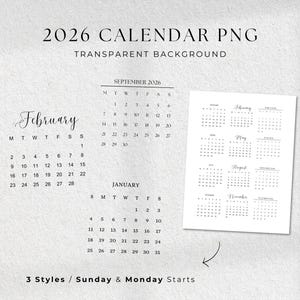 PNG 2026 Calendar, Transparent PNG Monthly Calendar, 2026 Mini PNG Calendar, 2026 Digital Calendar Stickers for Digital Planner