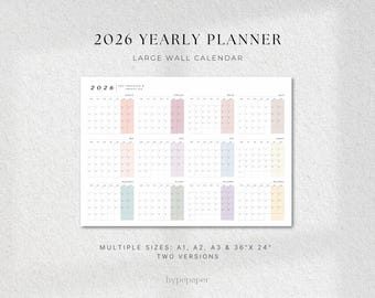 Planificador mural 2026, calendario anual imprimible de gran tamaño, descarga en PDF.