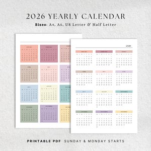 2026 Yearly Calendar, Year at a Glance Calendar 2026, Portrait Printable Calendar 2026, Digital Calendar 2026, Colorful Yearly Calendar