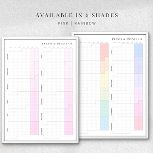 K&ouml;nnte beinhalten: Zwei gerahmte Jahresplaner f&uuml;r 2026. Einer ist rosa, der andere ist regenbogenfarben. Der Text oben lautet "AVAILABLE IN 6 SHADES" und "PINK | RAINBOW". Die Planer haben einen wei&szlig;en Rahmen und ein Rasterlayout mit Monaten und Daten.