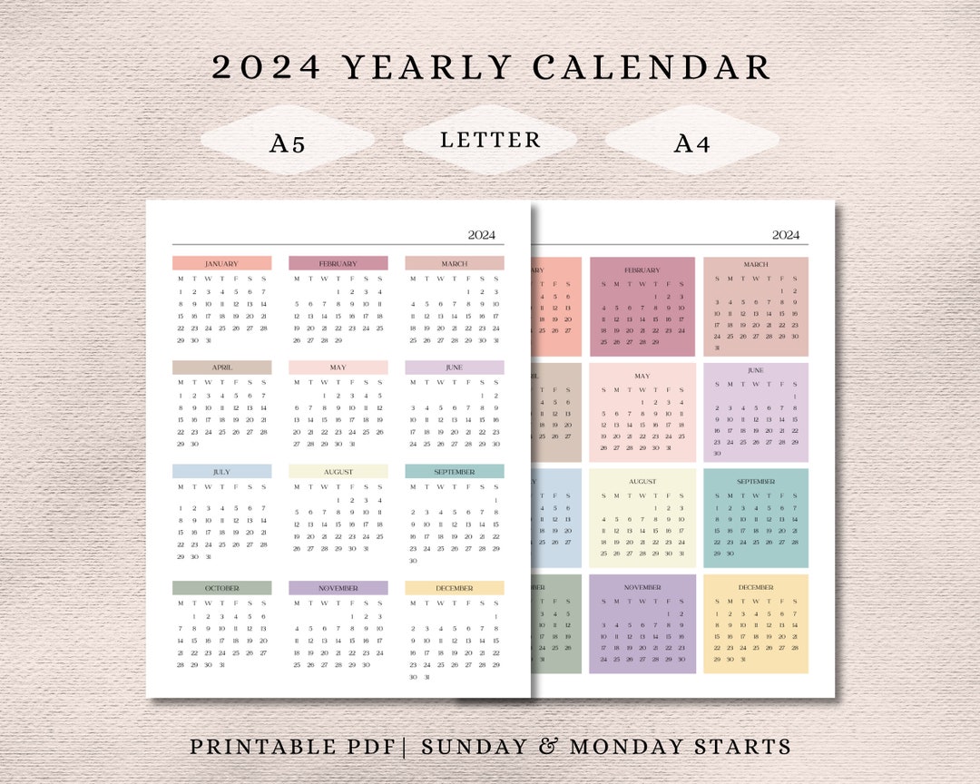 2024 Printable Year at a Glance Calendar Colorful Yearly - Etsy Australia