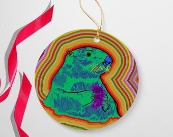 Keramik Otter Ornament Weihnachtsbaum Urlaub Dekoration Meer Nautisches Geschenk Tierliebhaber Wildlife Decor Ocean Theme Hängen Rund Bunt