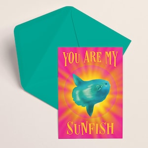 Tarjeta de vida marina, tarjeta de felicitación dibujada a mano, tarjeta de arte original, tarjeta de amor, océano, pez luna, vida marina, humor, rosa, en blanco por dentro