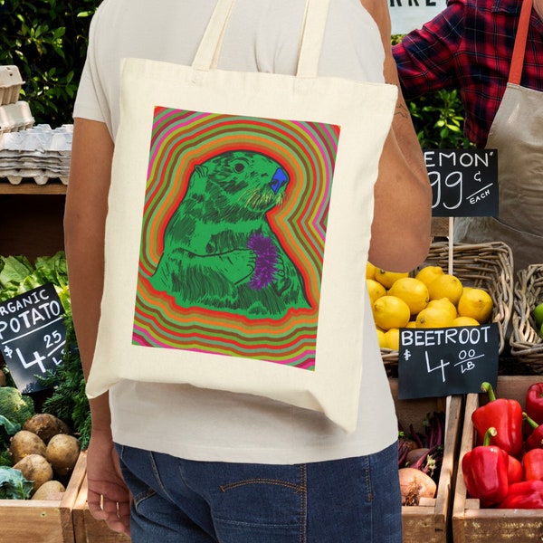 Bolsa de mano de nutria marina 100% algodón bolsa de libros regalo ecológico amante del océano vida marina arte dibujado a mano vida marina regalo cumpleaños amante de la naturaleza arte