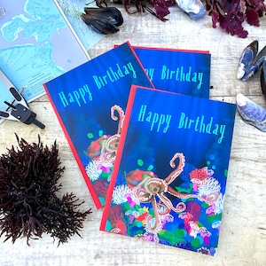 Conjunto de cartões Conjunto de cartões de vida marinha Cartão de aniversário de polvo desenhado à mão Conjunto de cartões de felicitações de recife de coral Cartão de vida marinha Vida marinha Oceano Pacífico Polvo