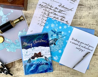 Christmas Card Handmade Holiday Gift Card Arctic Theme Narwhal Walrus Winter Solstice Marine Life Festive
