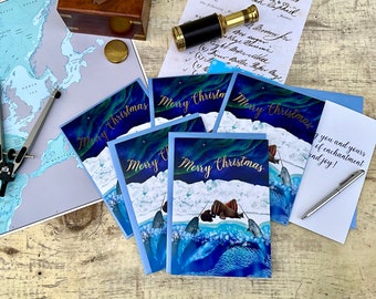 Christmas Card Set Handmade Holiday Gift Card Arctic Theme Narwhal Walrus Winter Solstice Marine Life Festive