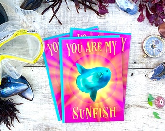 Card Set Marine Life Card Set Hand Drawn Greeting Card Original Art Card Love Card Ocean Sunfish Marine Life Humor Pink Blank Inside