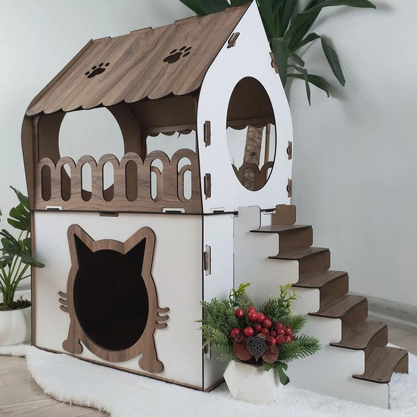 Meow Cat House, Modern Cat Home, Indoor Cat Castle, Cat Furniture, Extra Large Cat House, Cat Bed, Pets Home, Wood Cat Bed