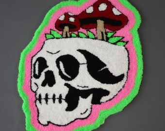 Skull Punch Wall Decor - Halloween Tufted Rug - Mushroom Skull Tufted Rug - Old School Tufted Rug