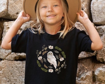 Kids Boho Owl T-Shirt: Youth Cottagecore Floral Tee