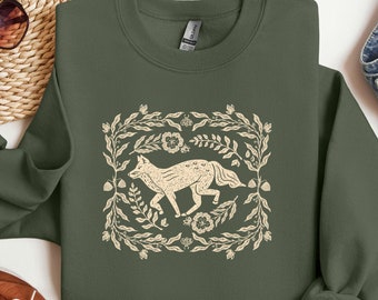Vintage Fox Linoprint Sweatshirt: Whimsical Folklore Crewneck