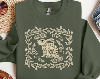 Vintage Linoprint Rabbit Sweatshirt: Folklore Cottagecore Crewneck