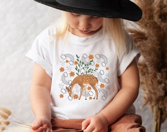 Kids Deer Shirt: Rainbow Floral Fawn Tee, Forest Animal Lover