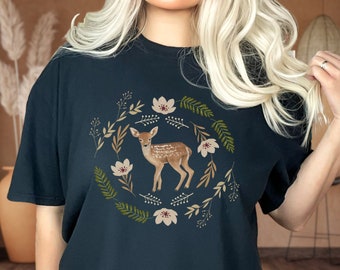 Cute Fawn Cottagecore Shirt, Woodland Vintage Tshirt, Forestcore Clothing, Aesthetic T-shirt, Botanical Tee, Boho Style Wildlife Sweatshirt