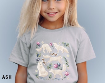 Kids Cute White Fox Shirt, Arctic Fox Lover T-Shirt, Cute Youth Cottagecore TShirt, Granddaughter Birthday Gift, Girls Floral Foxy Crewneck