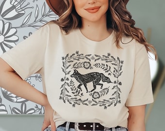 Vintage Fox Linoprint Design T-Shirt, Cottagecore Folklore Tee