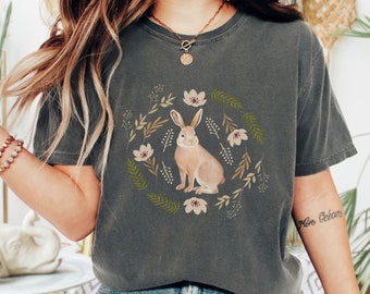 Rabbit Cottagecore Shirt: Vintage Woodland Botanical Tee - Comfort Colors