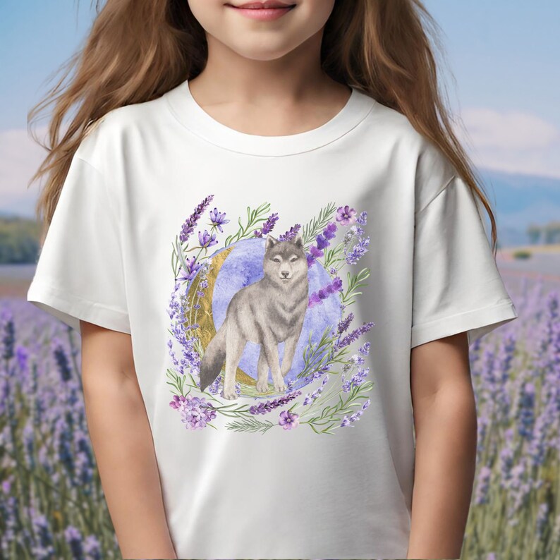 May include: White t-shirt with a watercolor design of a wolf standing in front of a crescent moon surrounded by lavender flowers.