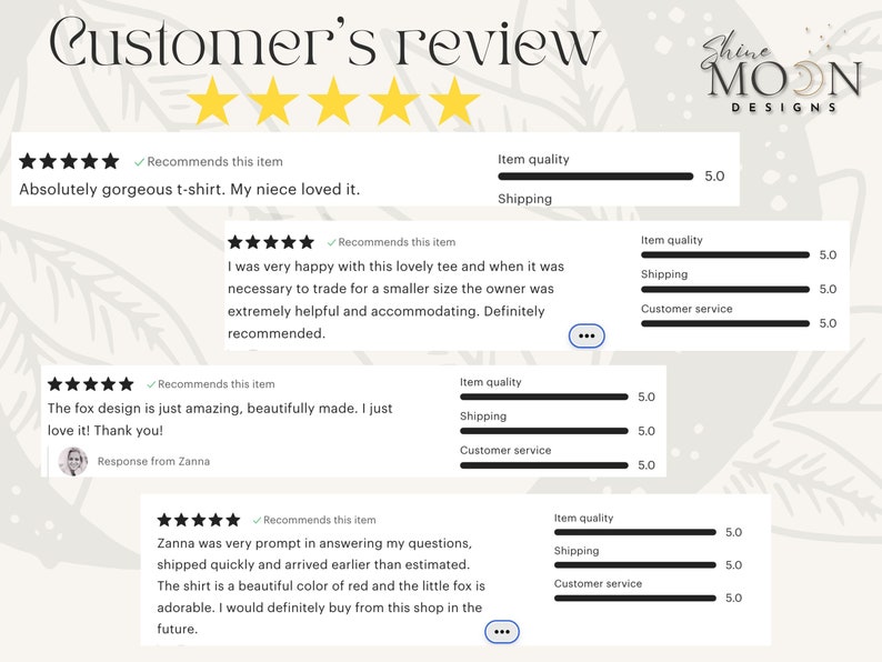 May include: Four customer reviews for a t-shirt with a fox design. The reviews are all five stars and recommend the item. The reviews highlight the quality of the shirt, the promptness of the shipping, and the helpfulness of the shop owner.
