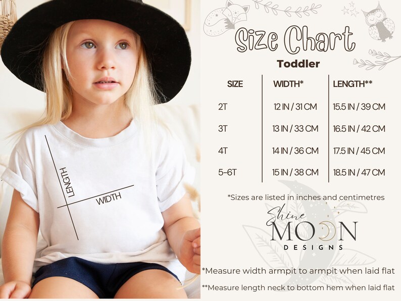 May include: Size chart for toddler clothing with measurements in inches and centimeters. The chart shows sizes 2T, 3T, 4T, and 5-6T with corresponding width and length measurements.