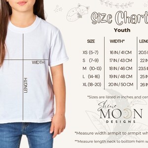 May include: Size chart for youth clothing with measurements in inches and centimeters. The chart shows sizes XS to XL with corresponding width and length measurements.