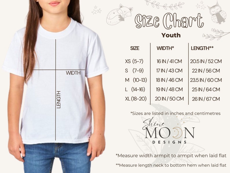 May include: Size chart for youth clothing with measurements in inches and centimeters. The chart shows sizes XS to XL with corresponding width and length measurements.