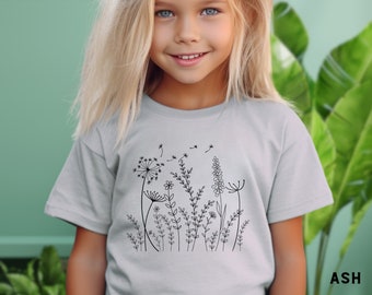 Chemise fleurs sauvages pour enfant, t-shirt floral simple, cadeau pour fille, t-shirt jolie fille, t-shirt pissenlit tendance jeunesse, cadeau d'anniversaire petite-fille