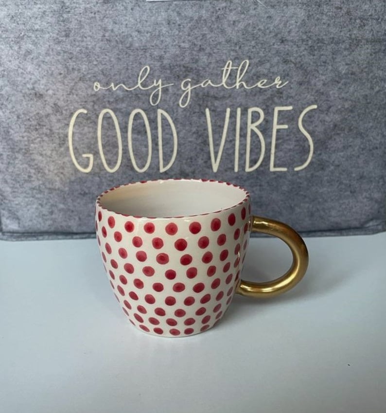 Handmade Black and Red Speckled Ceramic Mugs with Golden Handles for any Beverage or Coffe Lovers, Spotted Cup for a Fantastic Gift to Her Red