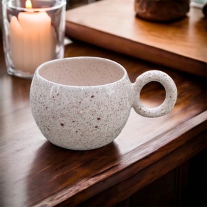 Handmade Light Cream Speckled Mug for Mother's Day, Splash Ink Chubby Ceramic, Ring Handle Coffee Mug, Round Handled Tea Cup for Tea Lovers image 1