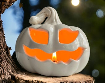 Portacandele in ceramica fatto a mano con faccia di zucca sorridente, l'idea regalo perfetta per Halloween per aggiungere fascino e allegria al tuo arredamento