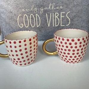 Handmade Black and Red Speckled Ceramic Mugs with Golden Handles for any Beverage or Coffe Lovers, Spotted Cup for a Fantastic Gift to Her image 6