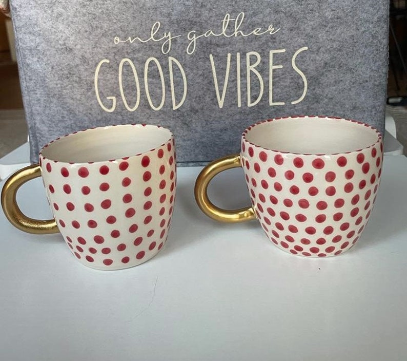 Handmade Black and Red Speckled Ceramic Mugs with Golden Handles for any Beverage or Coffe Lovers, Spotted Cup for a Fantastic Gift to Her image 6