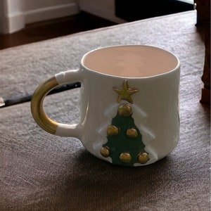 Handmade Gilded Ceramic Mug, Pottery Ceramic Cute Mug Gift for Christmas, St Patricks Day Four-Leaf Clover Mug, Embossed Polka Dot Mug Decor image 3