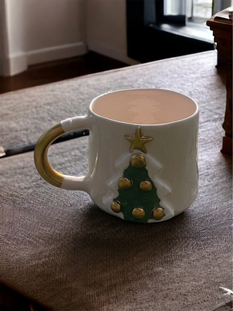 Handmade Gilded Ceramic Mug, Pottery Ceramic Cute Mug Gift for Christmas, St Patricks Day Four-Leaf Clover Mug, Embossed Polka Dot Mug Decor image 3