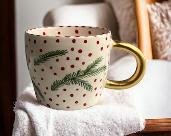 Handmade Lightweight Ceramic Cups with Gold Handles, Red Polka Dot, and Green Leaf Pattern - Elevate Your Table with Elegance, 1 or set of 2
