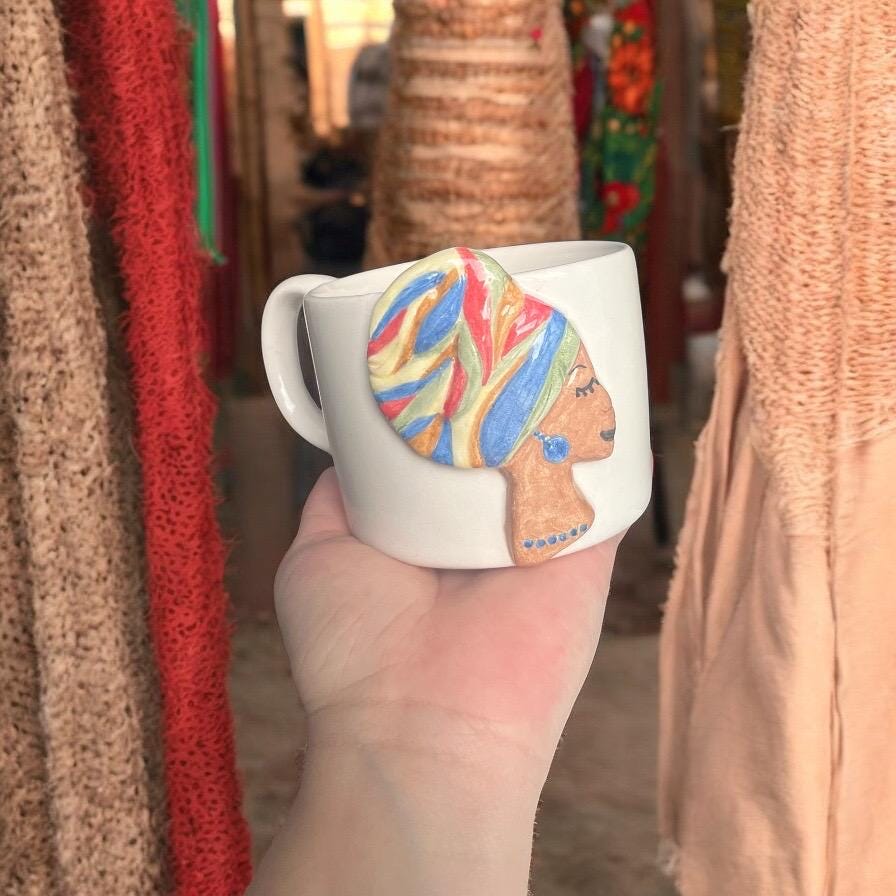 Handmade Ceramic Mug with 3D African Woman Design, Colorful Headwrap, Unique Cultural Coffee Cup, Afrocentric Art Gift
