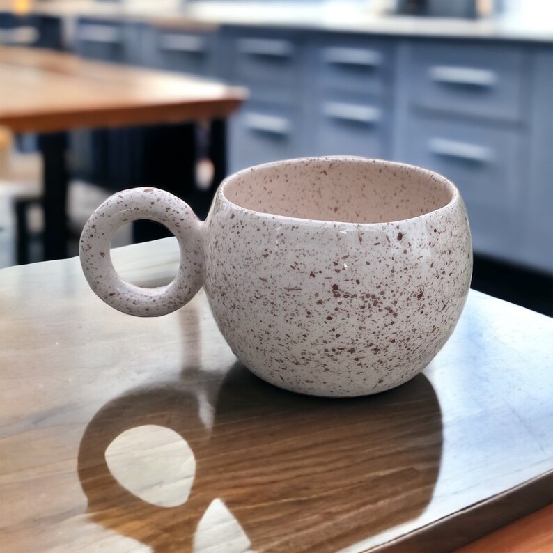 Handmade Light Cream Speckled Mug for Mother's Day, Splash Ink Chubby Ceramic, Ring Handle Coffee Mug, Round Handled Tea Cup for Tea Lovers image 3