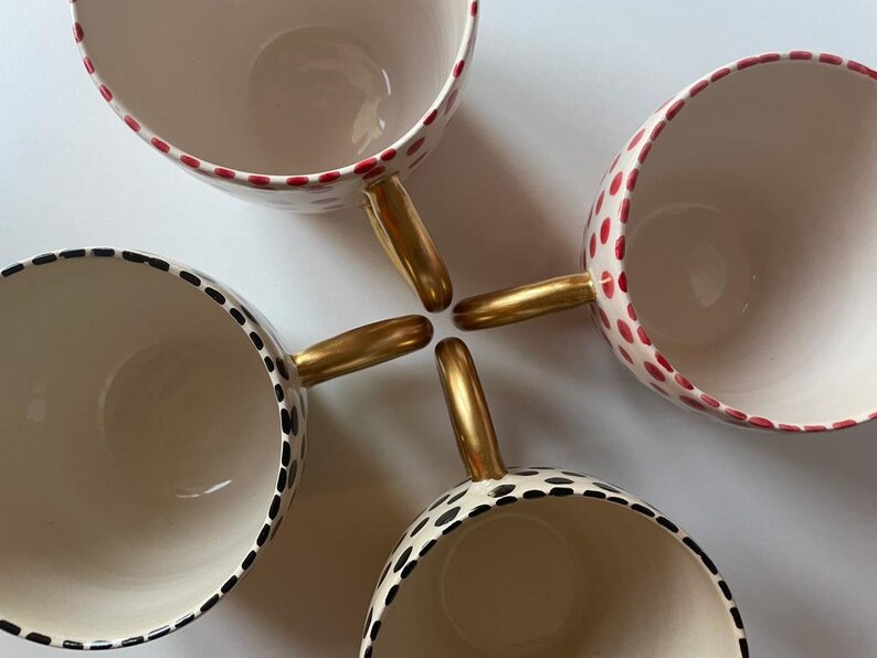 Handmade Black and Red Speckled Ceramic Mugs with Golden Handles for any Beverage or Coffe Lovers, Spotted Cup for a Fantastic Gift to Her image 9