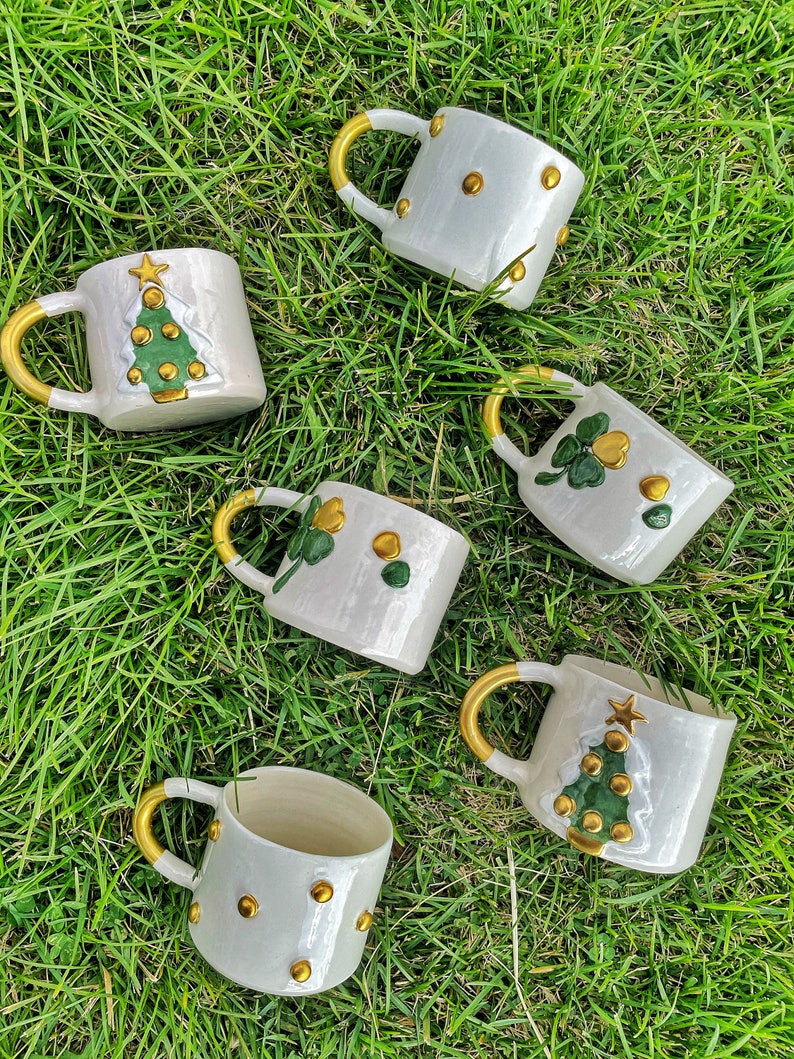 Handmade Gilded Ceramic Mug, Pottery Ceramic Cute Mug Gift for Christmas, St Patricks Day Four-Leaf Clover Mug, Embossed Polka Dot Mug Decor image 4