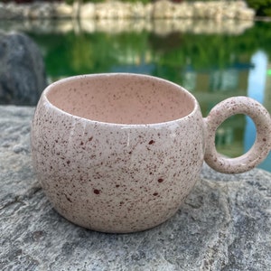 Handmade Light Cream Speckled Mug for Mother's Day, Splash Ink Chubby Ceramic, Ring Handle Coffee Mug, Round Handled Tea Cup for Tea Lovers image 5