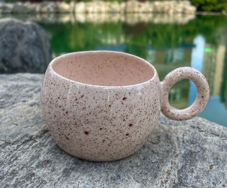 Handmade Light Cream Speckled Mug for Mother's Day, Splash Ink Chubby Ceramic, Ring Handle Coffee Mug, Round Handled Tea Cup for Tea Lovers image 5