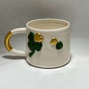 Handmade Gilded Ceramic Mug, Pottery Ceramic Cute Mug Gift for Christmas, St Patricks Day Four-Leaf Clover Mug, Embossed Polka Dot Mug Decor image 8