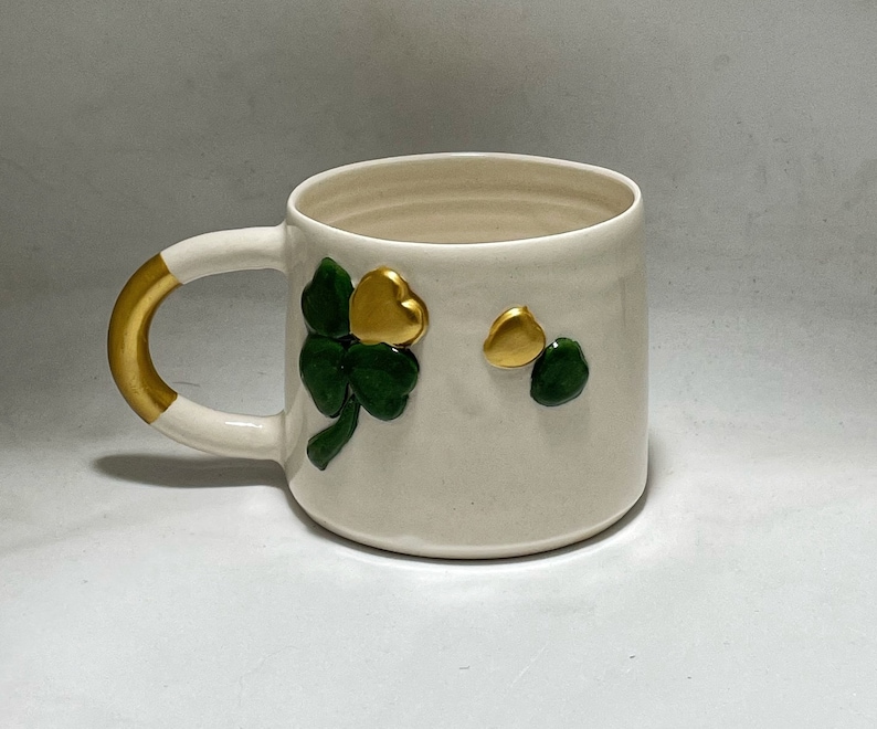 Handmade Gilded Ceramic Mug, Pottery Ceramic Cute Mug Gift for Christmas, St Patricks Day Four-Leaf Clover Mug, Embossed Polka Dot Mug Decor image 8