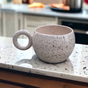 Handmade Light Cream Speckled Mug for Mother's Day, Splash Ink Chubby Ceramic, Ring Handle Coffee Mug, Round Handled Tea Cup for Tea Lovers image 2