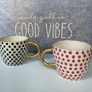 Handmade Black and Red Speckled Ceramic Mugs with Golden Handles for any Beverage or Coffe Lovers, Spotted Cup for a Fantastic Gift to Her image 4