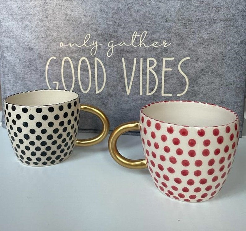 Handmade Black and Red Speckled Ceramic Mugs with Golden Handles for any Beverage or Coffe Lovers, Spotted Cup for a Fantastic Gift to Her image 4