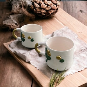 Handmade Gilded Ceramic Mug, Pottery Ceramic Cute Mug Gift for Christmas, St Patricks Day Four-Leaf Clover Mug, Embossed Polka Dot Mug Decor image 1