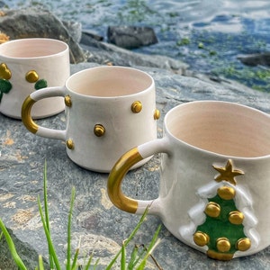 Handmade Gilded Ceramic Mug, Pottery Ceramic Cute Mug Gift for Christmas, St Patricks Day Four-Leaf Clover Mug, Embossed Polka Dot Mug Decor image 5